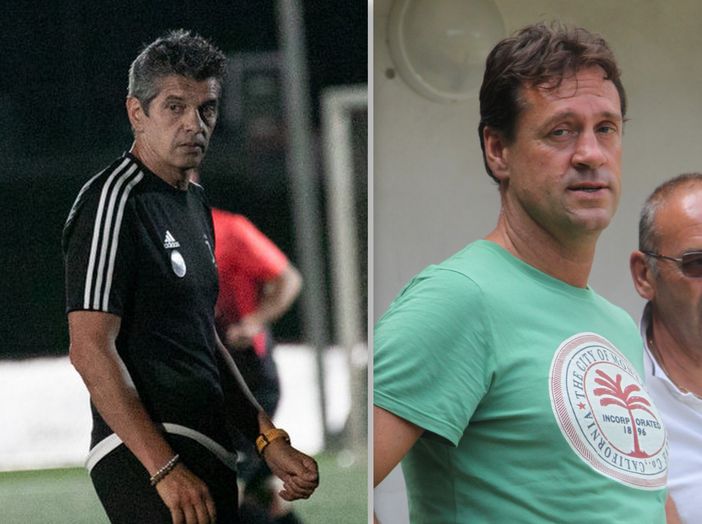 Foto: Ivan Sottini, allenatore del Baveno in fuga; Adolfo Fusè, il suo Omegna cpnquista la prima vittoria