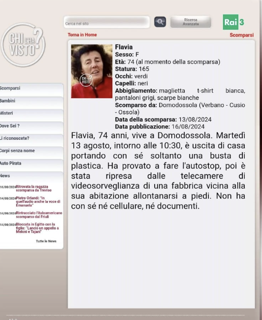 'Chi l'ha visto' lancia l'appello per Flavia Ariola