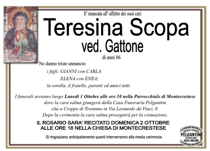Teresina Scopa ved. Gattone di anni 86