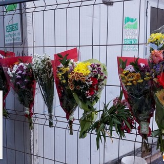 I mazzi di fiori lasciati sul cantiere e nel riquadro Pashtrik Krasniqi