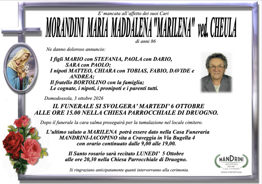 Morandini Maria Maddalena "Marilena" ved Cheula di anni 86
