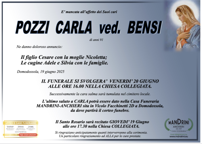 Pozzi Carla ved. Bensi di anni 91