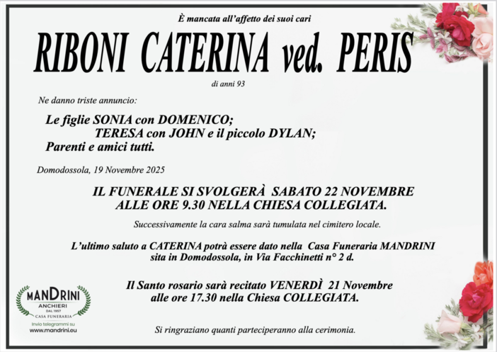 Riboni Caterina ved. Peris di anni 93