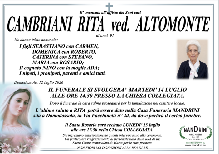 Cambriani Rita ved. Altomonte di anni 91