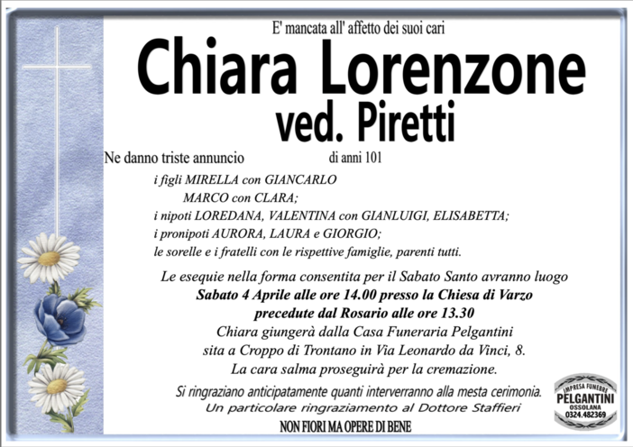 Chiara Lorenzone ved. Piretti di anni 101