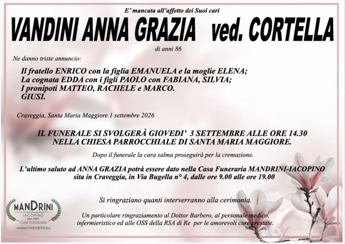 Vandini Anna Grazia ved. Cortella di anni 86