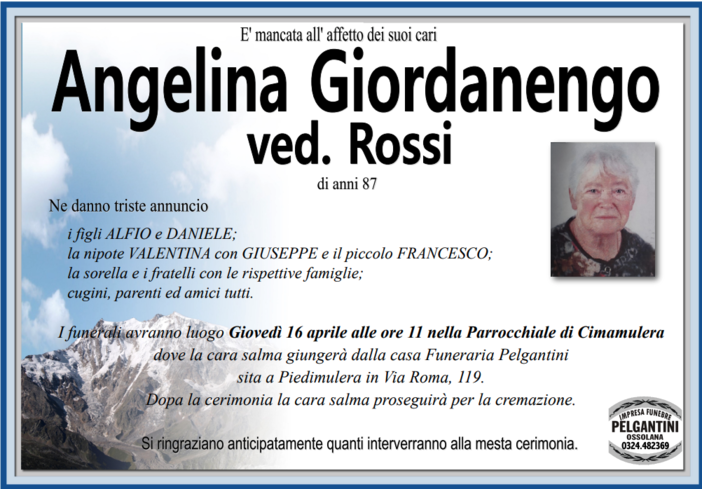 Angelina Giordanengo ved. Rossi di anni 87