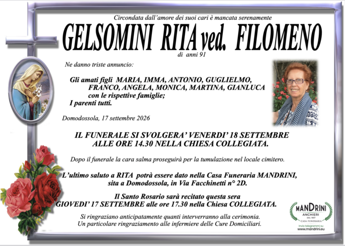 Gelsomina Rita ved. Filomeno di anni 91