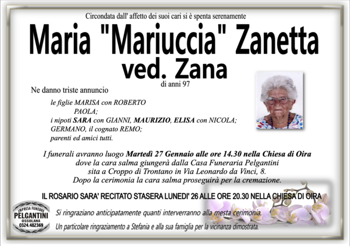 Maria "Mariuccia" Zanetta ved. Zana di anni 97