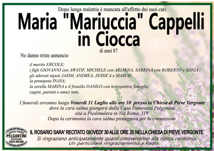 Maria "Mariuccia" Cappelli in Ciocca di anni 87