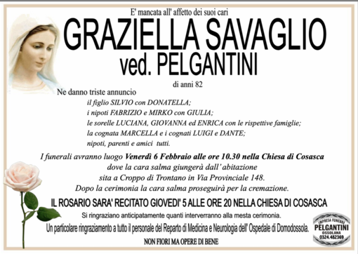 Graziella Savaglio ved. Pelgantini di anni 82