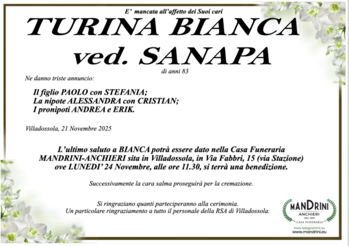 Turina Bianca ved. Sanapa di anni 83