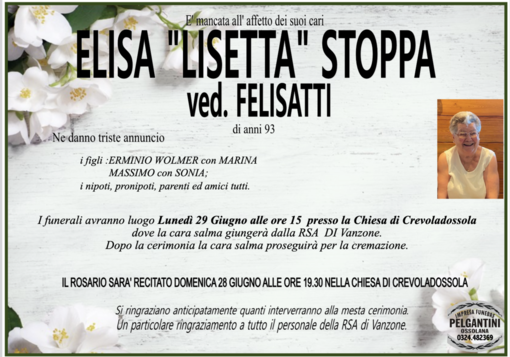 Elisa 'Lisetta' Stoppa ved. Felisatti di anni 93