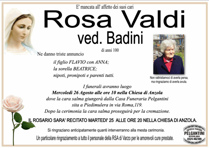 Rosa Valdi ved. Badini di anni 100
