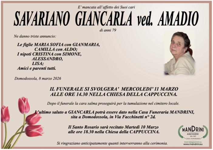 Savariano Giancarla ved. Amadio di anni 79