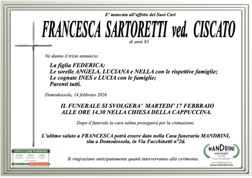 Francesca Sartoretti ved. Ciscato di anni 83