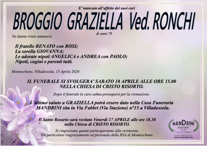 Broggio Graziella ved.Ronchi di anni 78