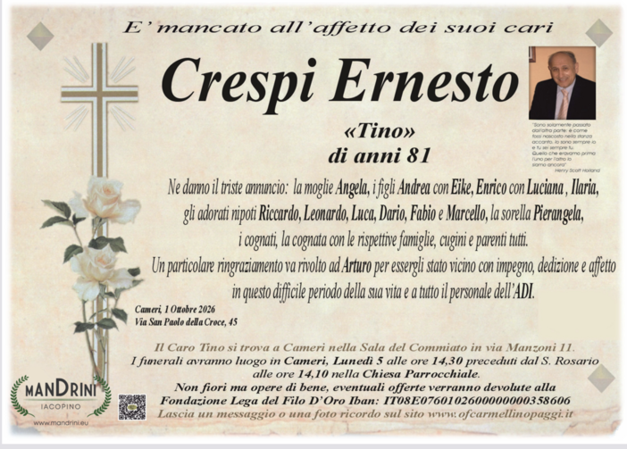 Crespi Ernesto "Tino" di anni 81