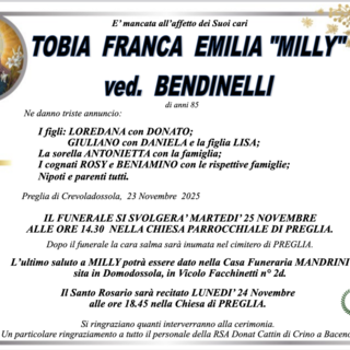 Tobia Franca Emilia &quot;Milly&quot; ved. Bendinelli di anni 85