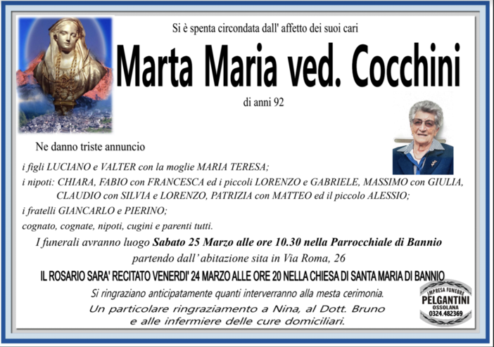 Marta Maria ved. Cocchini di anni 92