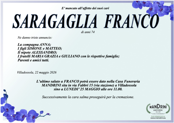 Saraglia Franco di anni 74