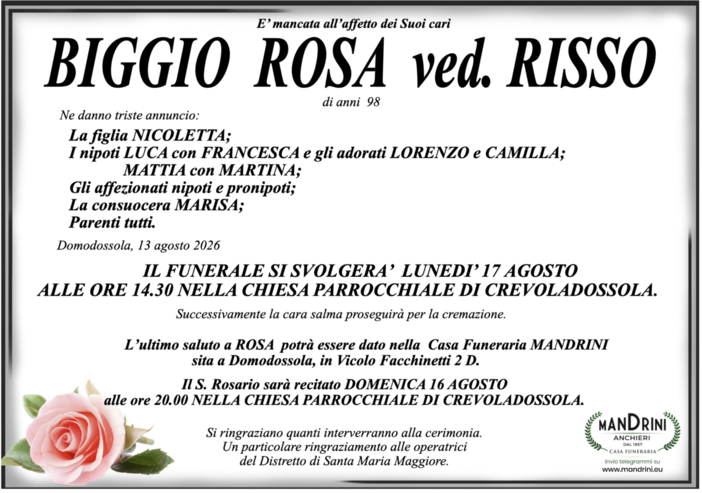 Biggio Rosa ved. Risso di anni 98