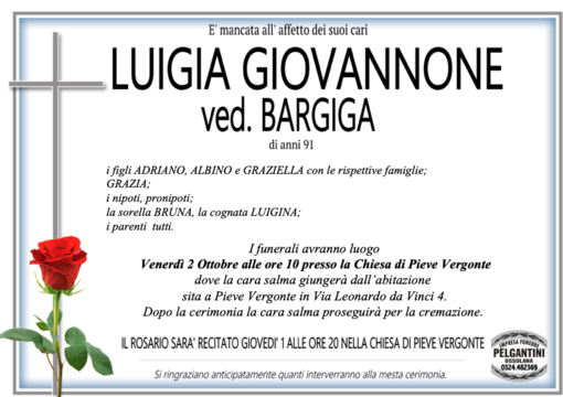 Lugia Giovannone ved. Bargiga di anni 91