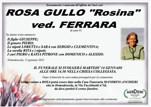 Rosa Gullo "Rosina" ved. Ferrara di anni 91 Rosa Gullo "Rosina" ved. Ferrara di anni 91