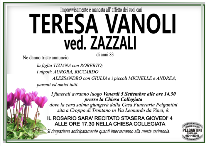 Teresa Vanoli ved. Zazzali di anni 83