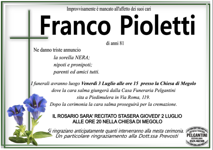Franco Pioletti di anni 81