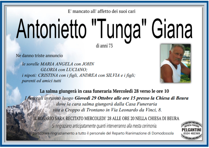 Antonietto "Tunga" Giana di anni 73