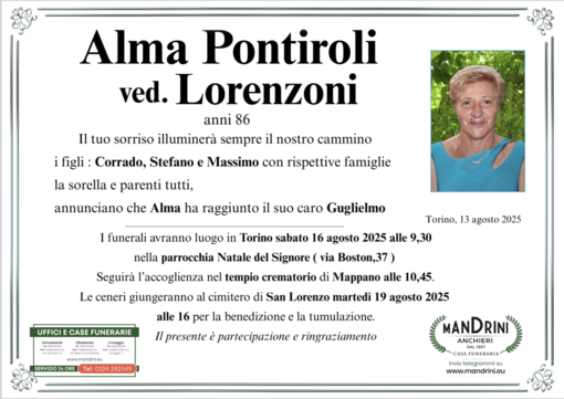 Alma Pontiroli ved. Lorenzoni di anni 86