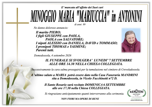 Minoggio Maria "Mariuccia" in Antonini di anni 89 Minoggio Maria "Mariuccia" in Antonini di anni 89