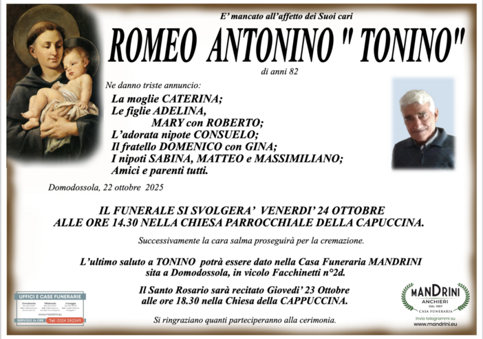 Romeo Antonio &quot;Tonino&quot; di anni 82
