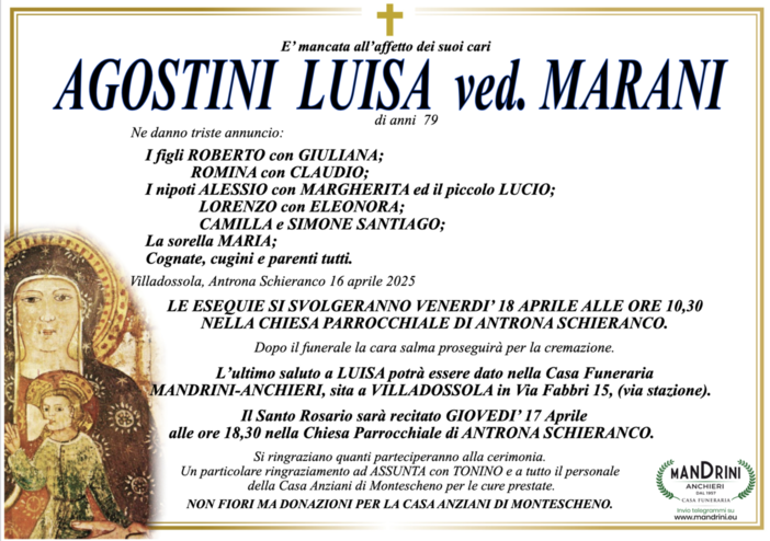 Agostini Luisa ved. Marani di anni 79