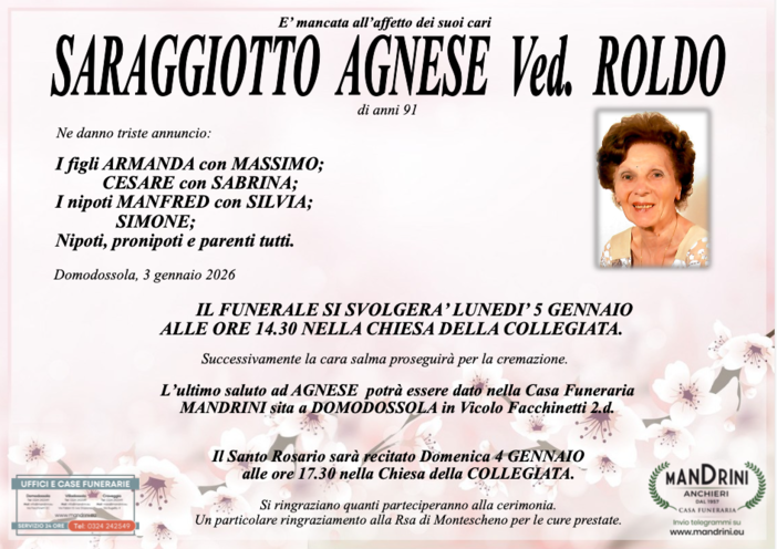 Saraggiotto Agnese ved. Roldo di anni 91