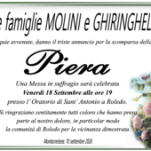 Le famiglie Molini e Ghiringhelli ad esequie avvenute, danno il triste annuncio per la  scomparsa della cara Piera