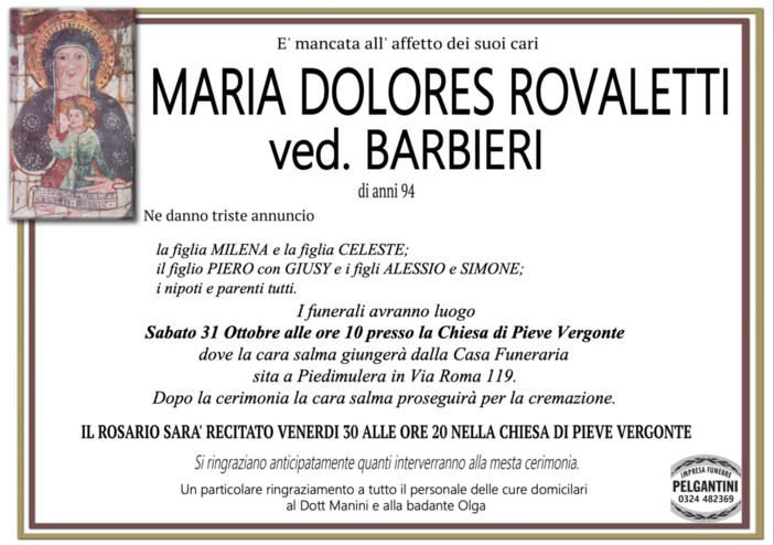 Maria Dolores Rovaletti ved. Barbieri di anni 94