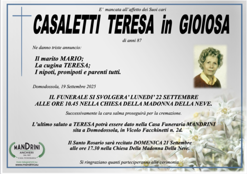 Casaletti Teresa in Gioiosa di anni 87