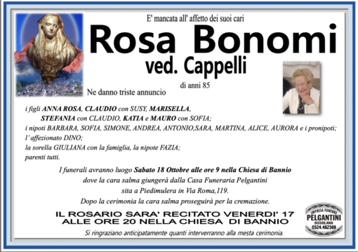 Rosa Bonomi ved. Cappelli di anni 85