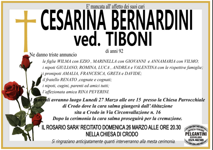 Cesarina Bernardini Ved, Tiboni di anni 92