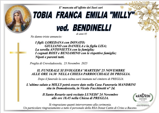 Tobia Franca Emilia &quot;Milly&quot; ved. Bendinelli di anni 85