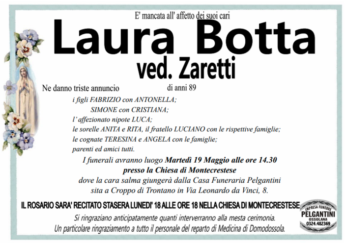 Laura Botta ved. Zaretti di anni 89