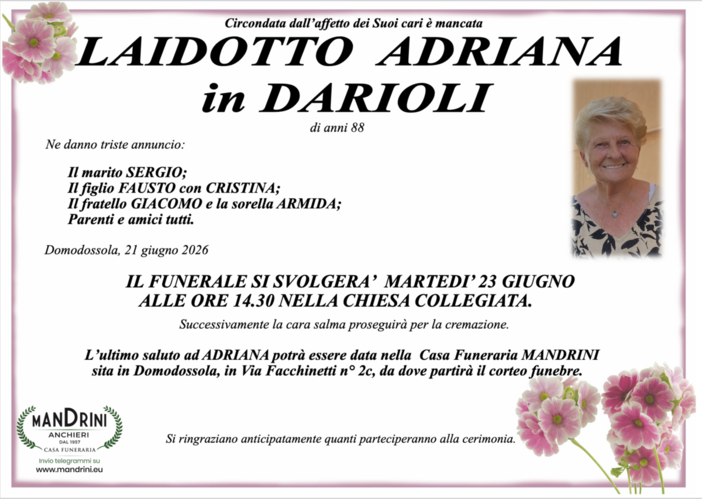 Laidotto Adriana in Darioli di anni 88