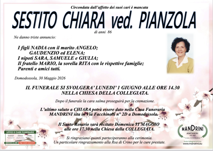 Sestito Chiara ved. Pianzola di anni 86