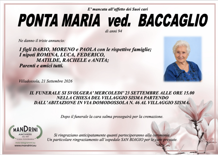 Ponta Maria ved. Baccaglio di anni 94