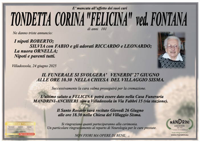 Tondetta Corina &quot;Felicina&quot; ved. Fontana di anni 101