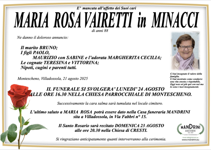 Maria Rosa Vairetti in Minacci di anni 88
