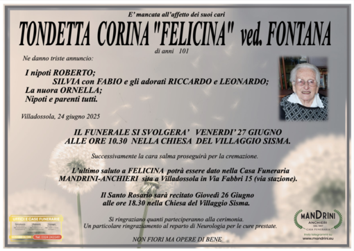 Tondetta Corina &quot;Felicina&quot; ved. Fontana di anni 101