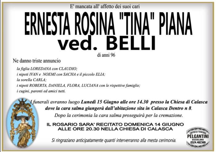 Ernesta Rosina "Tina" Piana ved. Piana di anni 96